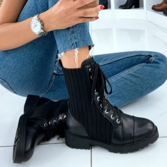 Zara Low Heeled Contrasting Moto Combat Lace Up Ankle Biker Boots Black Size 41. - Picture 3 of 16